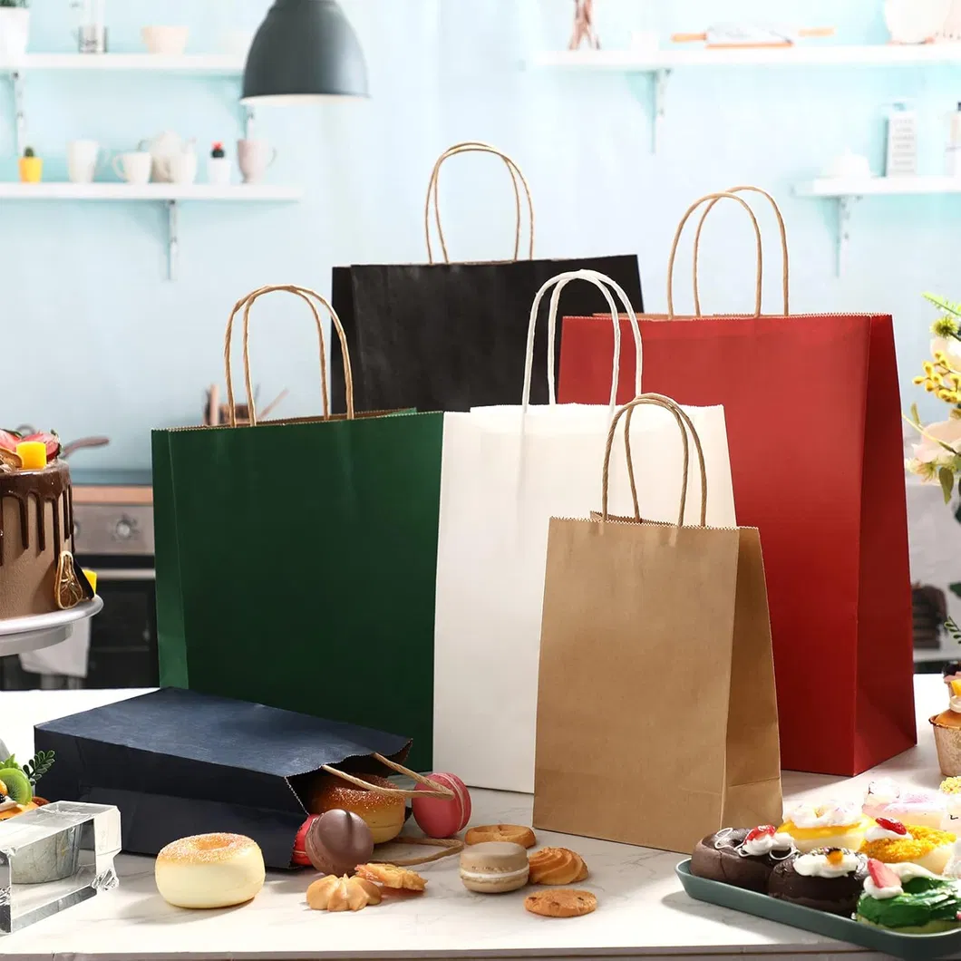 Saco de papel kraft verde liso impresso personalizado para compras com alças