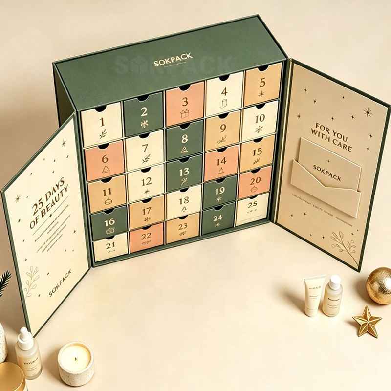 Calendário de Contagem Regressiva de Beleza Personalizado 25 Dias Caixa de Presente Ecológica de Papelão Rígido com Dupla Porta Caixa Surpresa de Cosméticos para o Natal