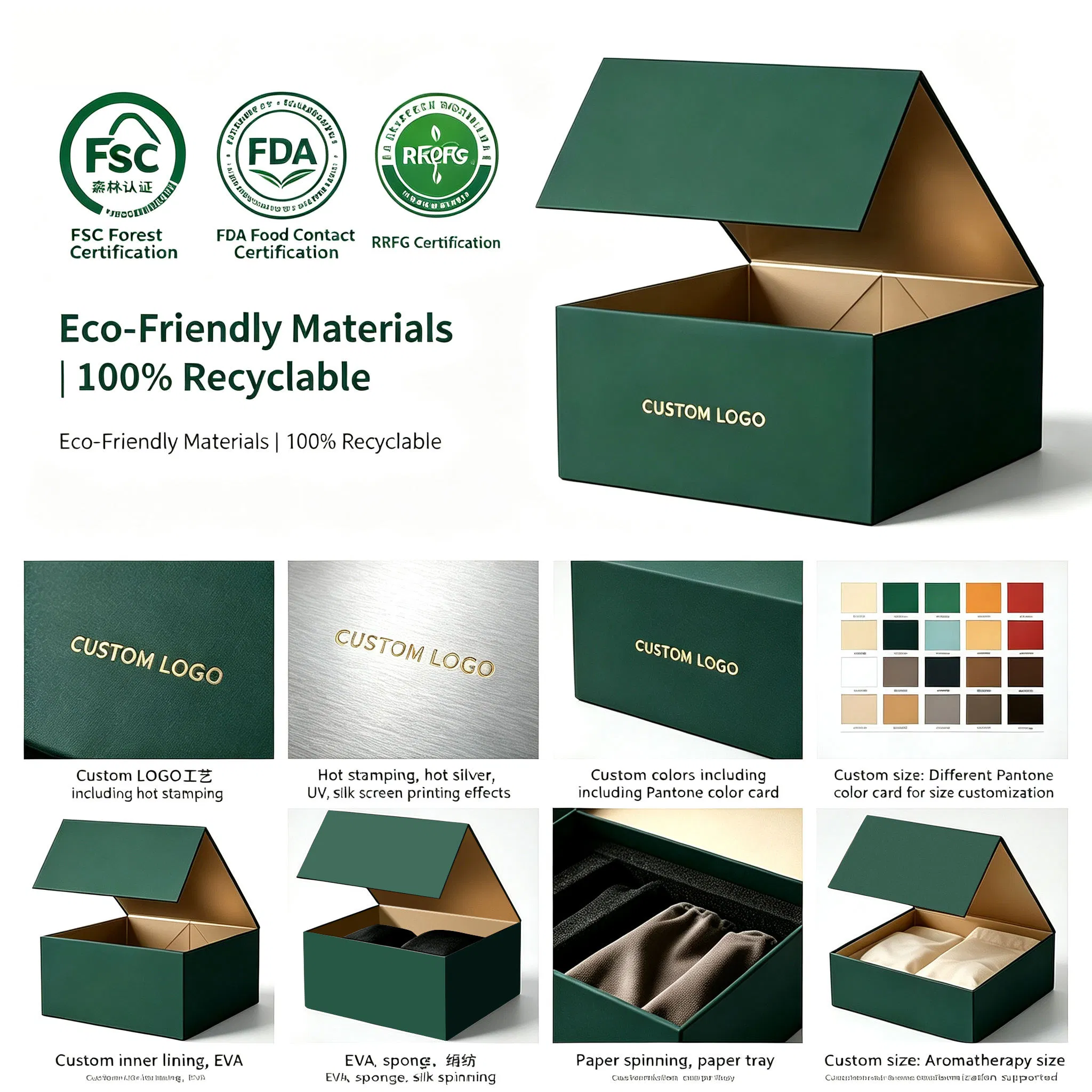 Caixa Personalizada com Logo Luxuosa Verde Fechamento Magnético Embalagem de Papel para Peruca Roupas Sapato Caixa de Papel Dobrável Magnética para Embalagem de Presentes