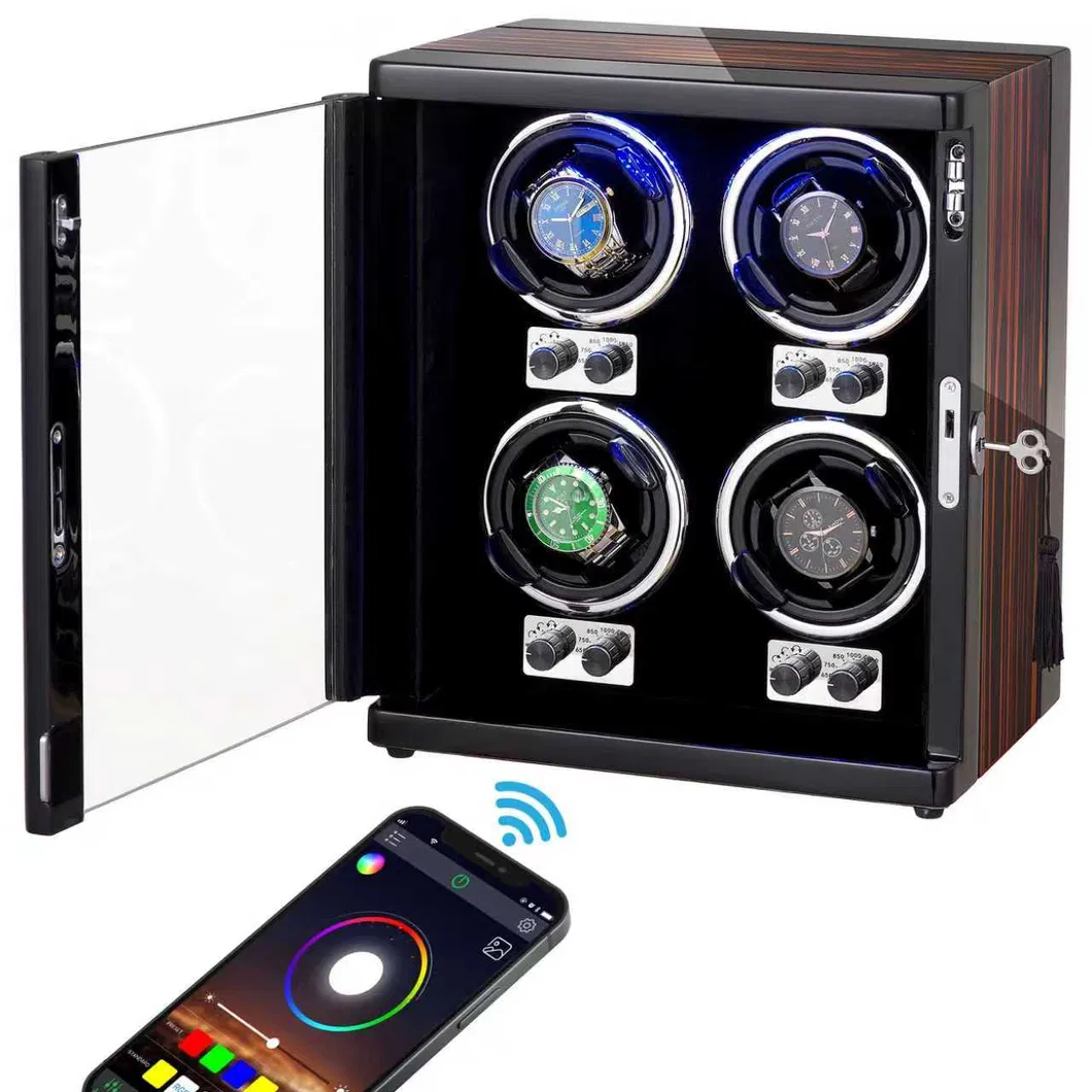 Caixa de Relógio Automática com Rotação para Armazenamento de Relógios em Madeira e Couro, Controle Móvel RGB por Atacado 4 Slots