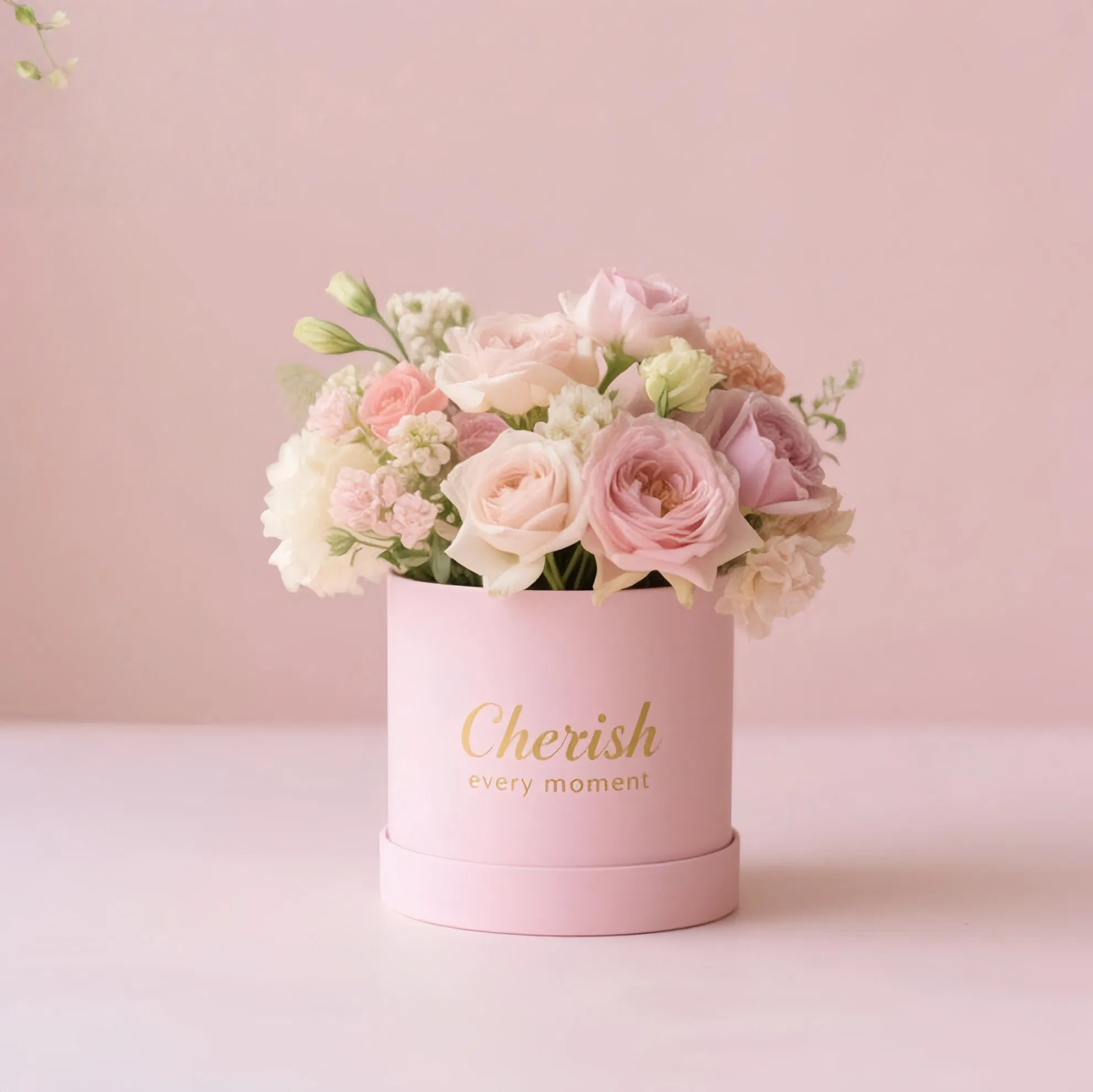 Caixa de Flores Cilíndrica Redonda de Papelão Branca Pura e Rosa Personalizada e Reciclável para Embalagem de Buquê e Caixa de Joias