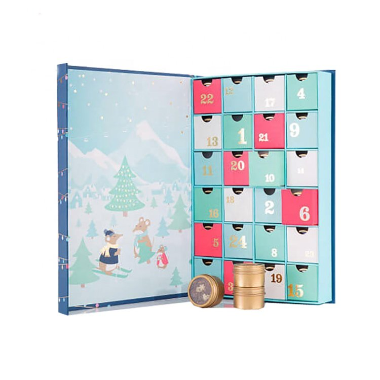 Caixa de calendário do advento de papelão personalizado por atacado para embalagem de maquiagem e joias de Natal, caixa vazia para chocolate