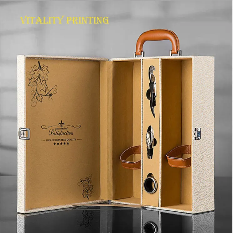 Caixa de Embalagem de Vinho de Luxo Personalizada Estilo Europeu Clássico Portátil em Couro PU Caixa de Presente de Madeira para Bebidas/Caixa de Couro à Vista/Pacote para Duas Garrafas