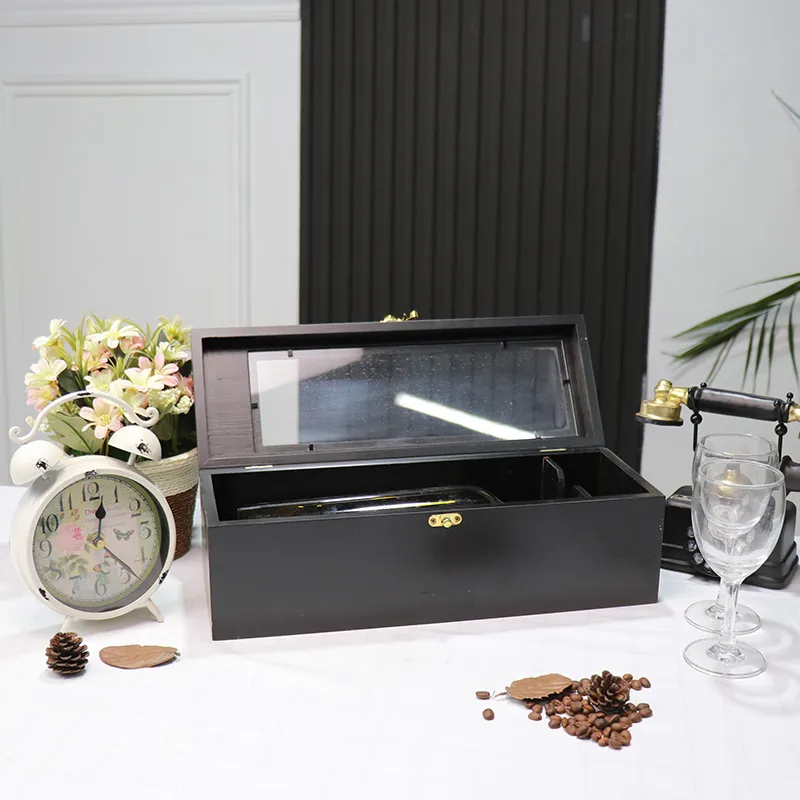 Cartão de oferta FSC & BSCI Custom Black Wooden Whiskey Single Wine Caixa