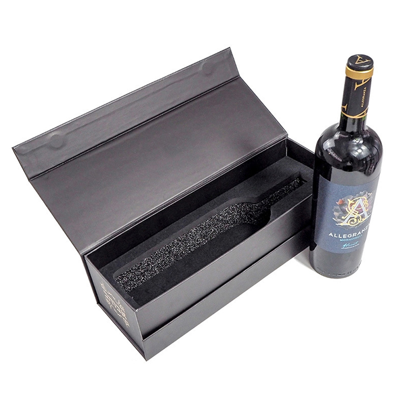Caixa de presente para taça de vinho em papelão rígido preto, magnética, personalizada, para embalagem de uma única garrafa de champanhe