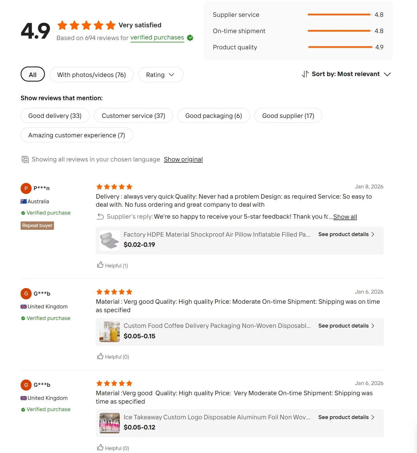 Avaliações positivas dos clientes