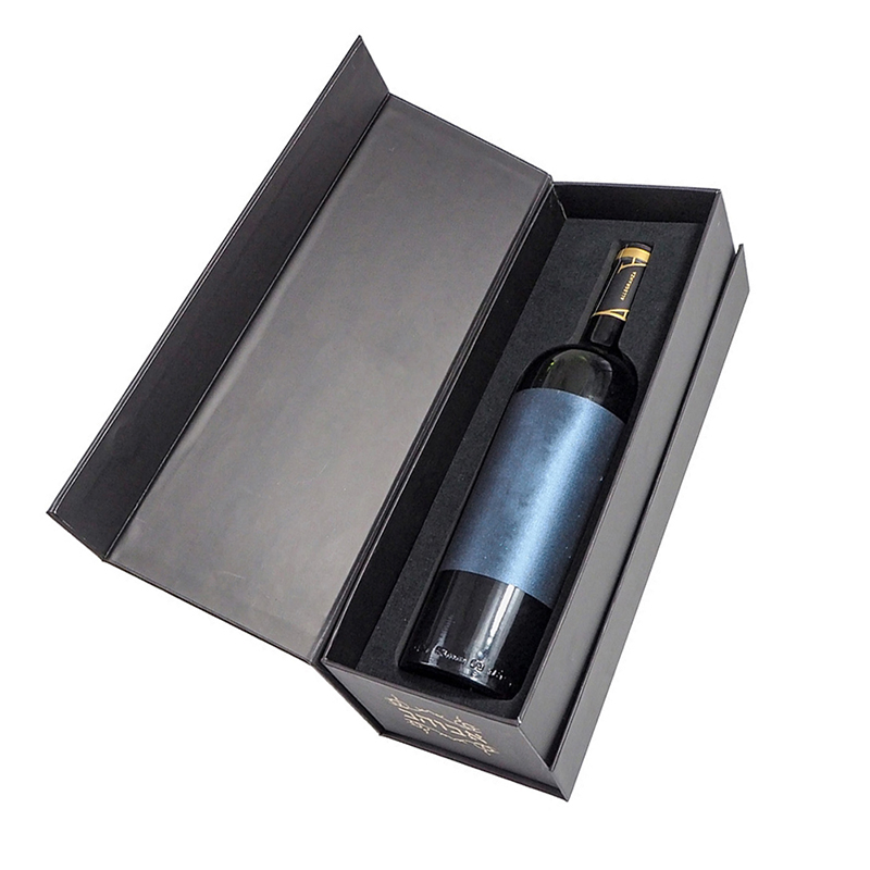 Caixa de presente para taça de vinho em papelão rígido preto, magnética, personalizada, para embalagem de uma única garrafa de champanhe