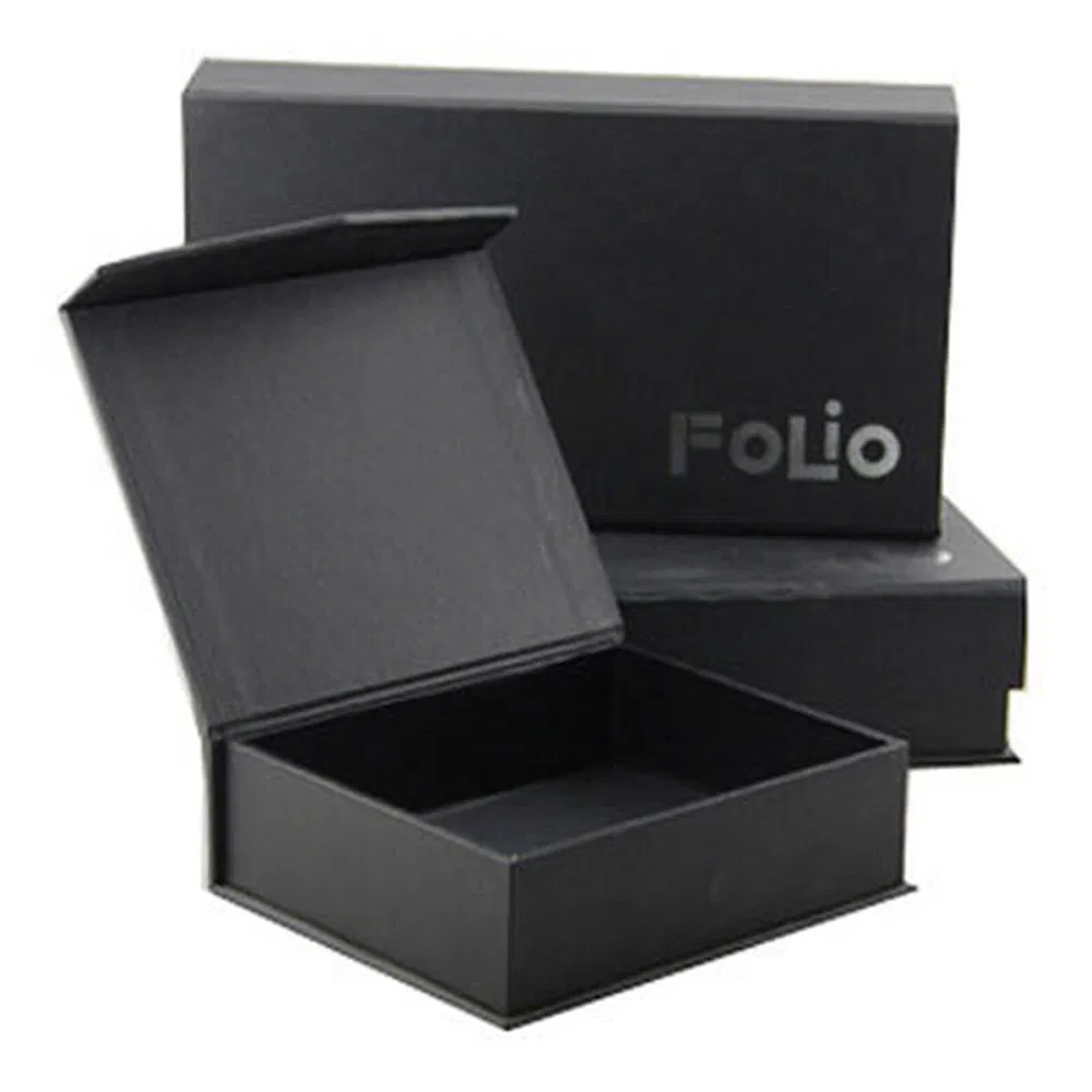 Caixa de presente de papelão rígido dobrável personalizada de luxo preta impressa, embalagem de perfume com fecho magnético