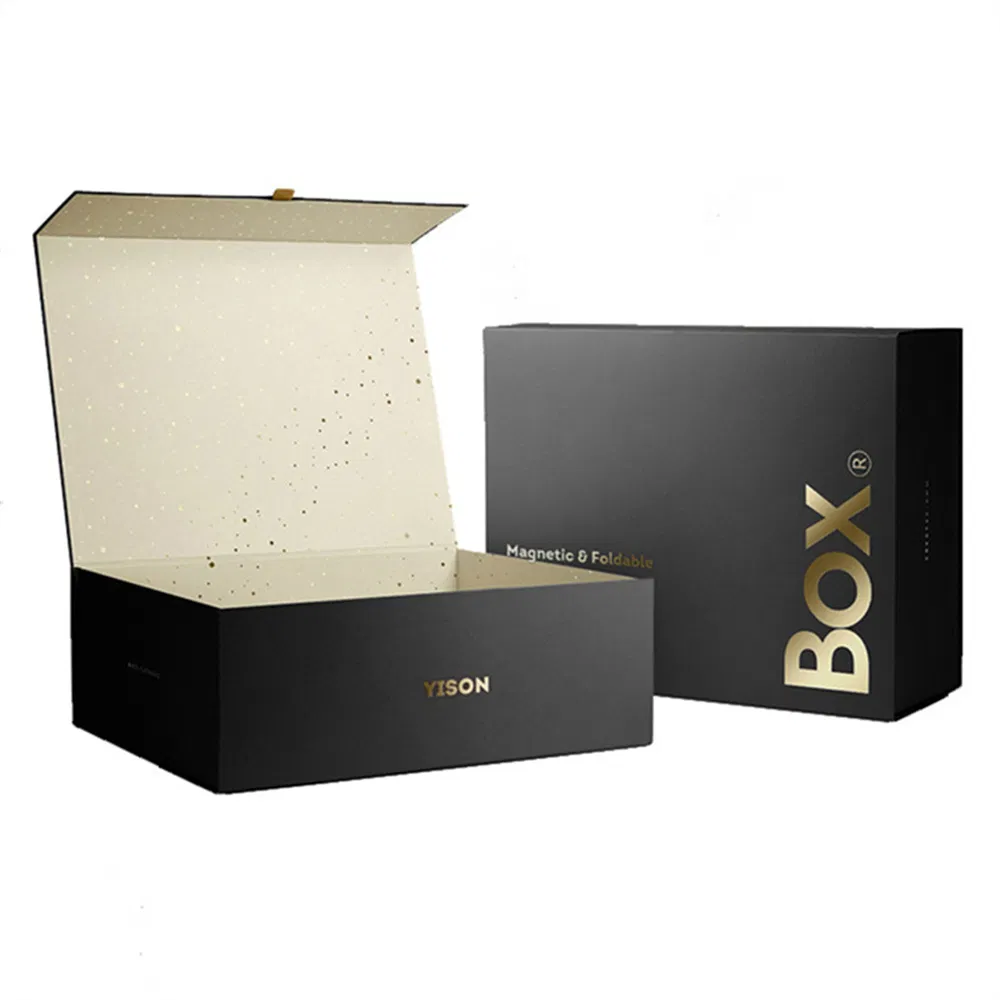 Caixa de presente de luxo em forma de livro dobrável preta com logotipo personalizado grande