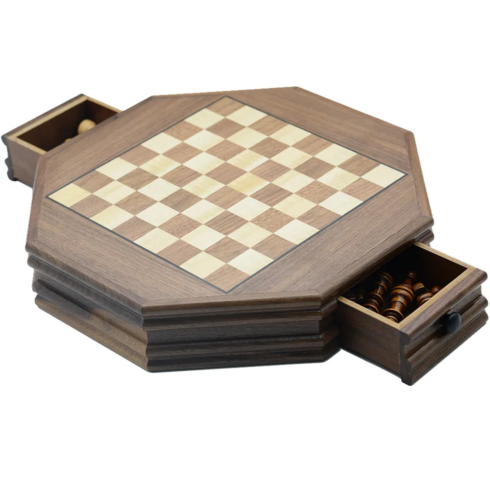 Conjunto de Jogo de Tabuleiro de Xadrez Redondo de Madeira Magnética em Caixa Compacta e Única com Peças