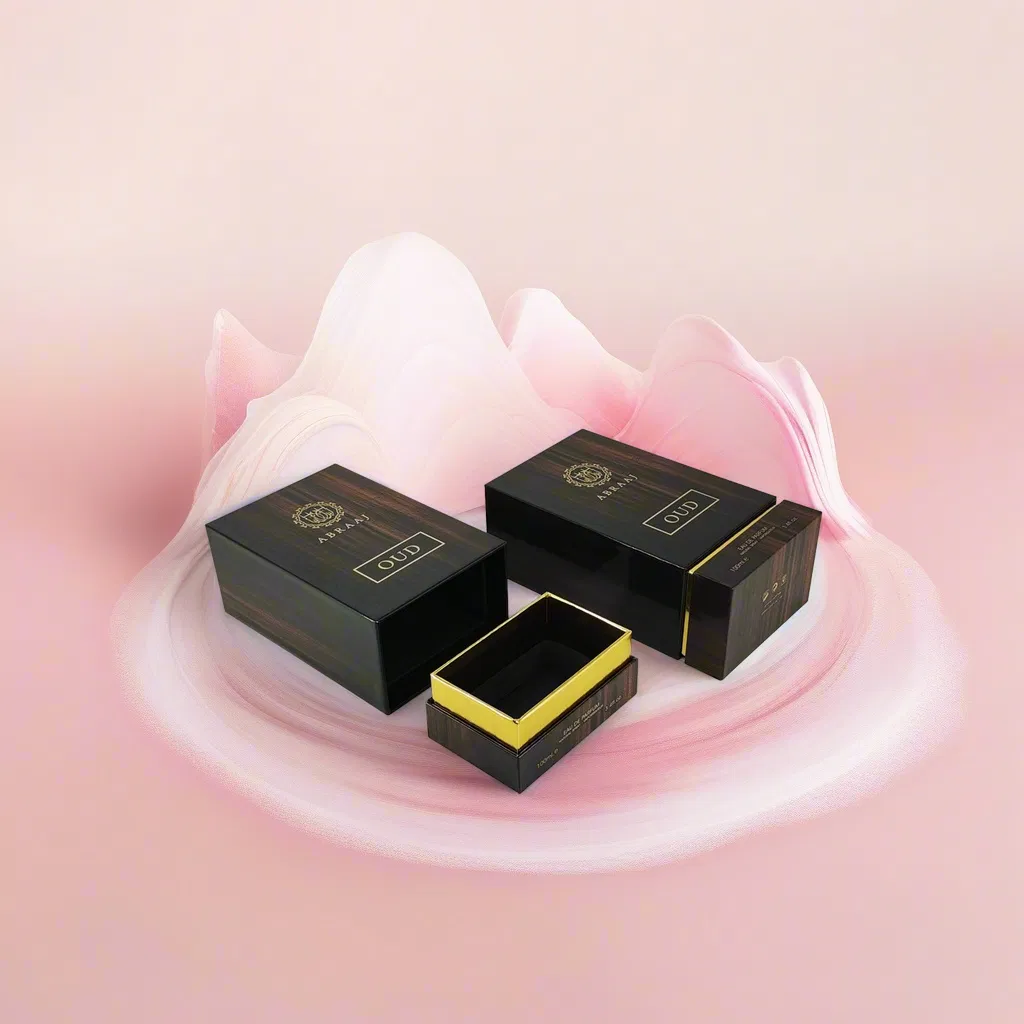 Fornecedor de Caixa de Presente de Papel para Perfume de Luxo Preto Personalizado com Base e Tampa Estilo