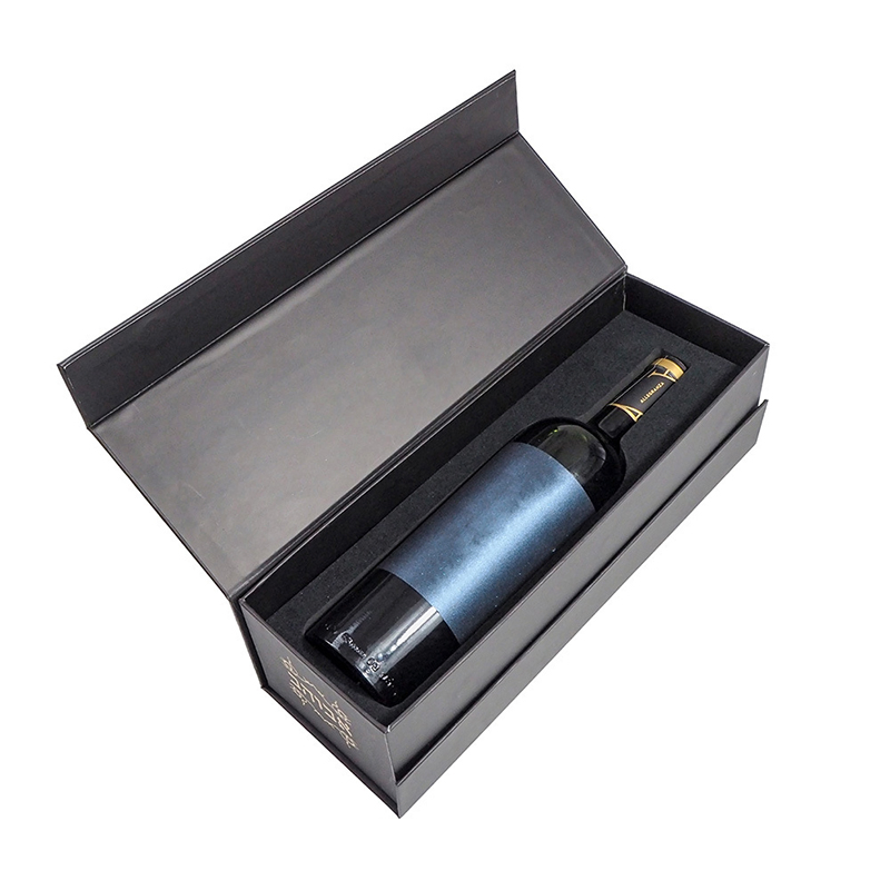 Caixa de presente para taça de vinho em papelão rígido preto, magnética, personalizada, para embalagem de uma única garrafa de champanhe