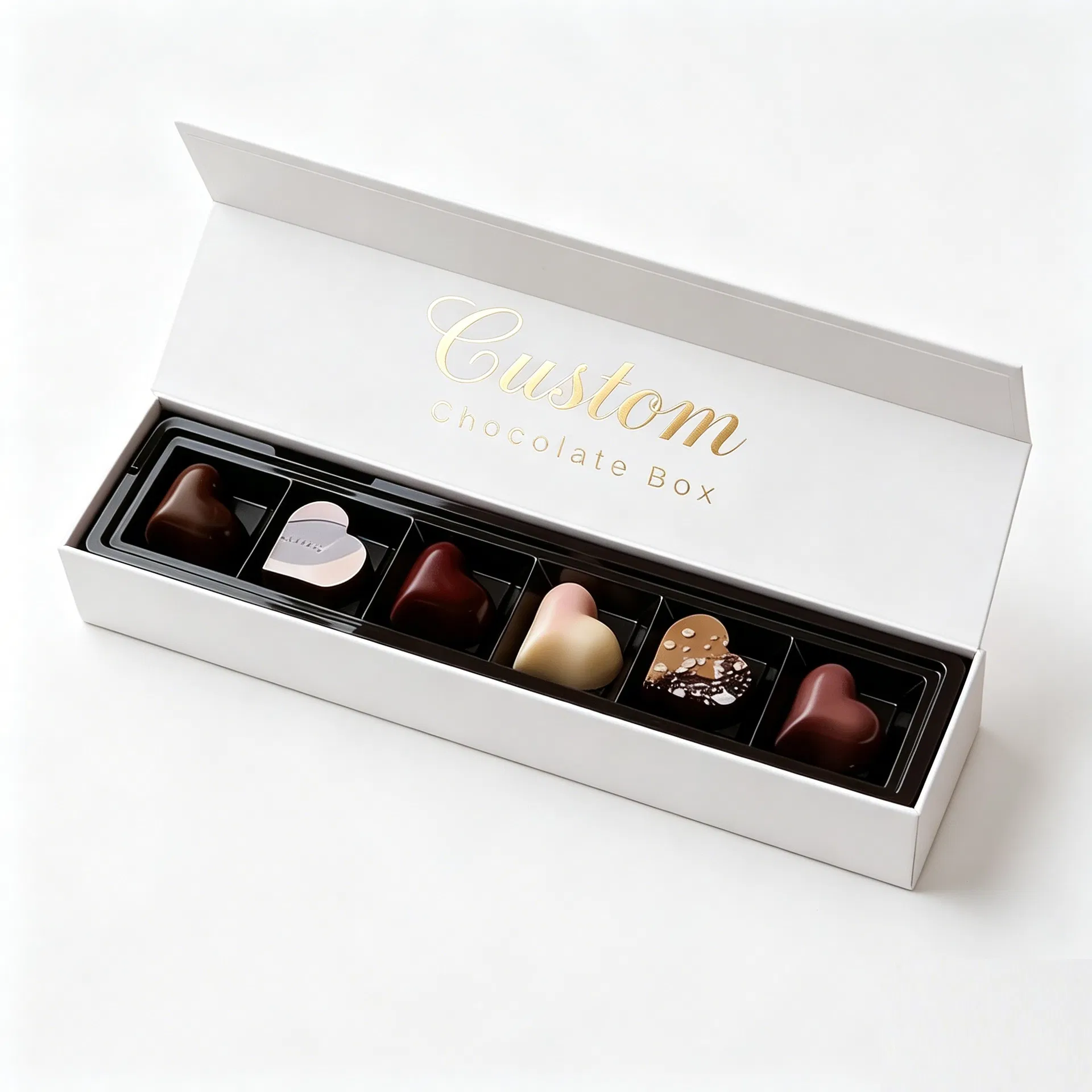 Caixa de Chocolate com Fechamento Magnético e Estampa em Folha Branca