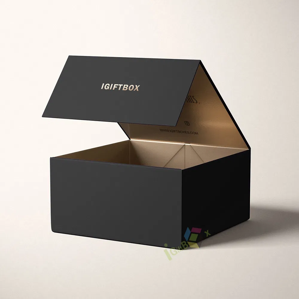 Caixa de presente de papelão rígido dobrável personalizada de luxo preta impressa, embalagem de perfume com fecho magnético
