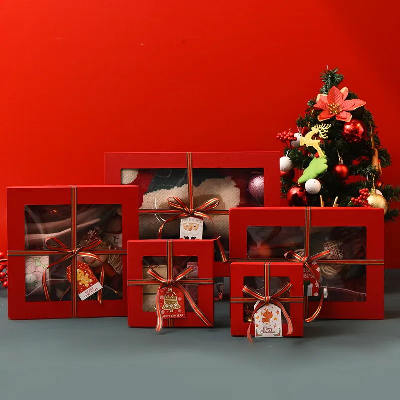 Caixa de Papel para Presente em Forma de Livro Vermelho do Papai Noel com Fita, Caneca, Vinho e Ráfia
