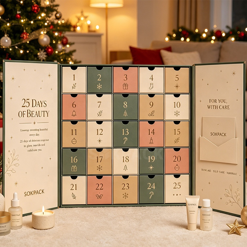 Calendário de Contagem Regressiva de Beleza Personalizado 25 Dias Caixa de Presente Ecológica de Papelão Rígido com Dupla Porta Caixa Surpresa de Cosméticos para o Natal