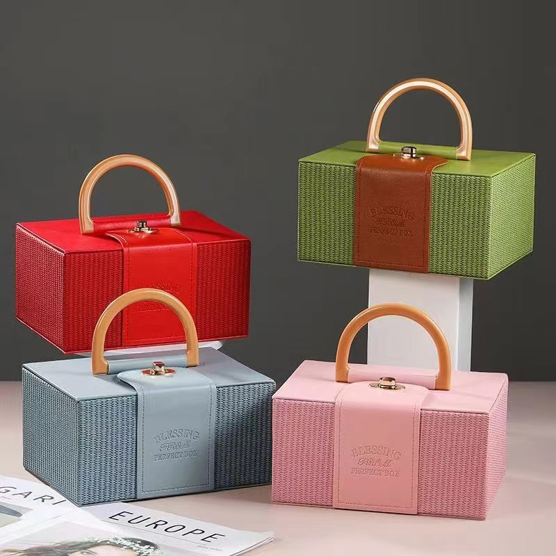 Caixa de presente de casamento de luxo com logotipo personalizado, caixa de papelão PU para embalagem de joias, caixas de armazenamento de cosméticos com alça