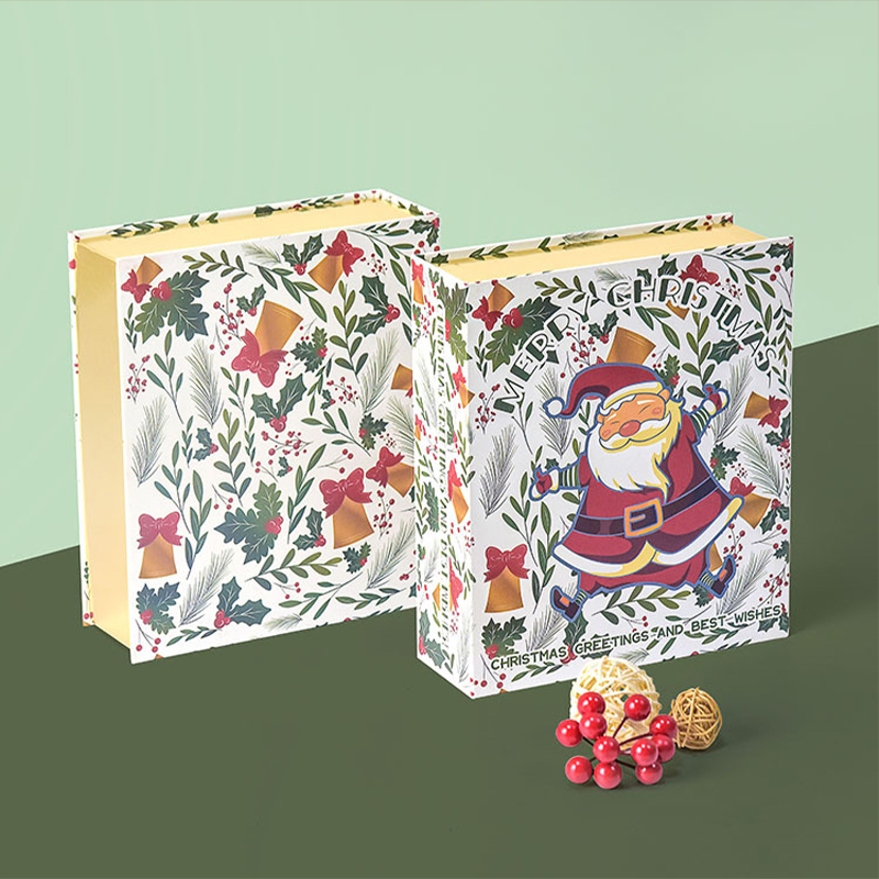 Caixa de Papel para Presente em Forma de Livro Vermelho do Papai Noel com Fita, Caneca, Vinho e Ráfia