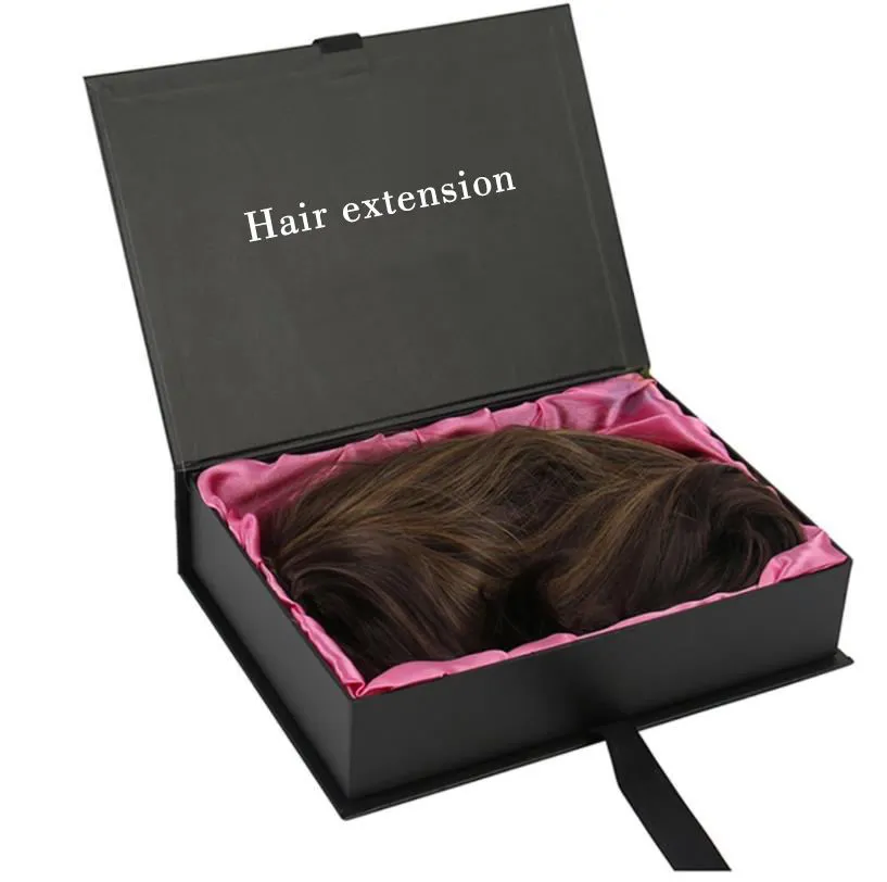 Caixa de presente de cabelo humano personalizado de luxo com embalagem de papelão, laço de fita e inserto de cetim