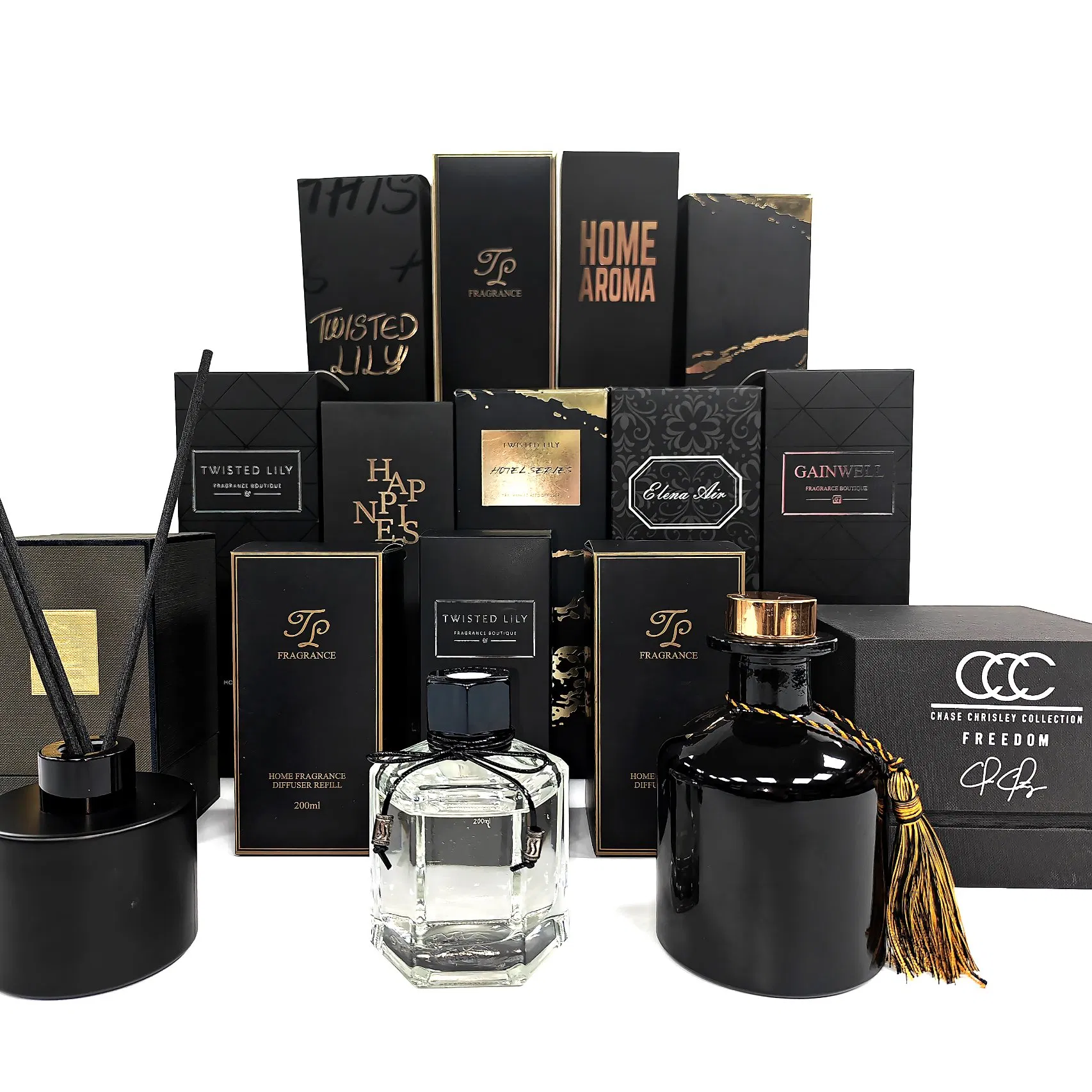 Conjunto de Caixa de Embalagem de Fragrância para Casa de Luxo Personalizada na Cor Preta com Difusor de Varetas e Embalagem de Frasco de Perfume