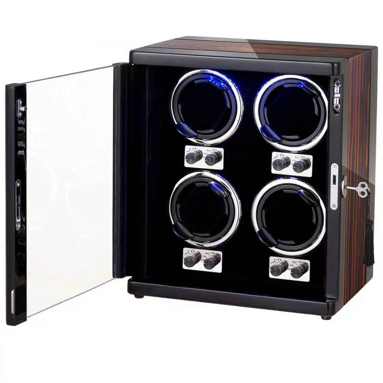 Caixa de Relógio Automática com Rotação para Armazenamento de Relógios em Madeira e Couro, Controle Móvel RGB por Atacado 4 Slots