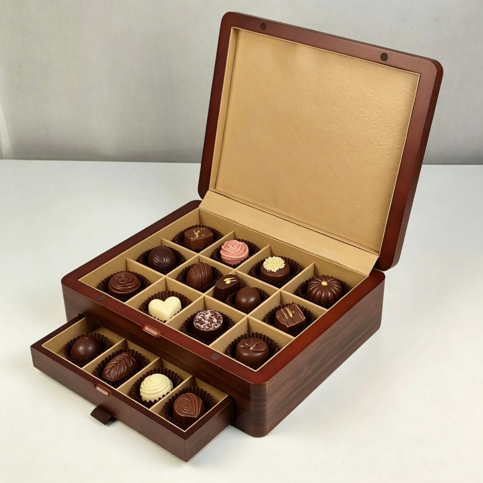 Caixa de Embalagem de Presente de Madeira Fosca Personalizada de Luxo por Atacado com Gaveta para Chocolate / Doce