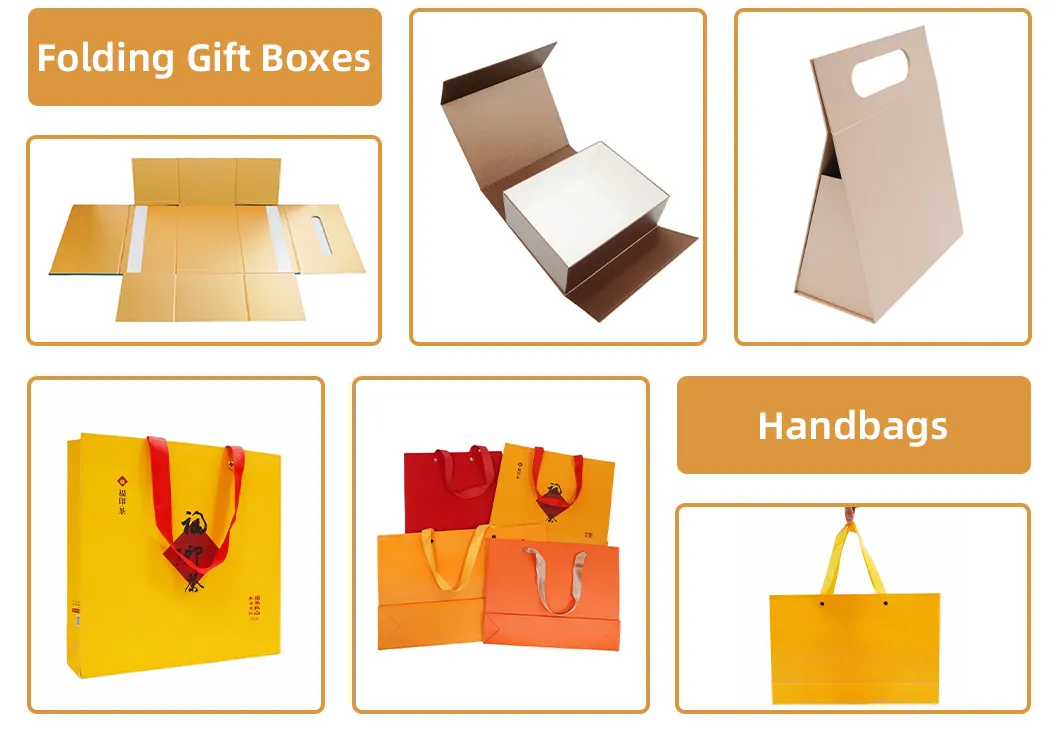 Caixas de presente dobráveis de papelão rígido de tamanho personalizado com acabamento em UV localizado e bolsas combinando