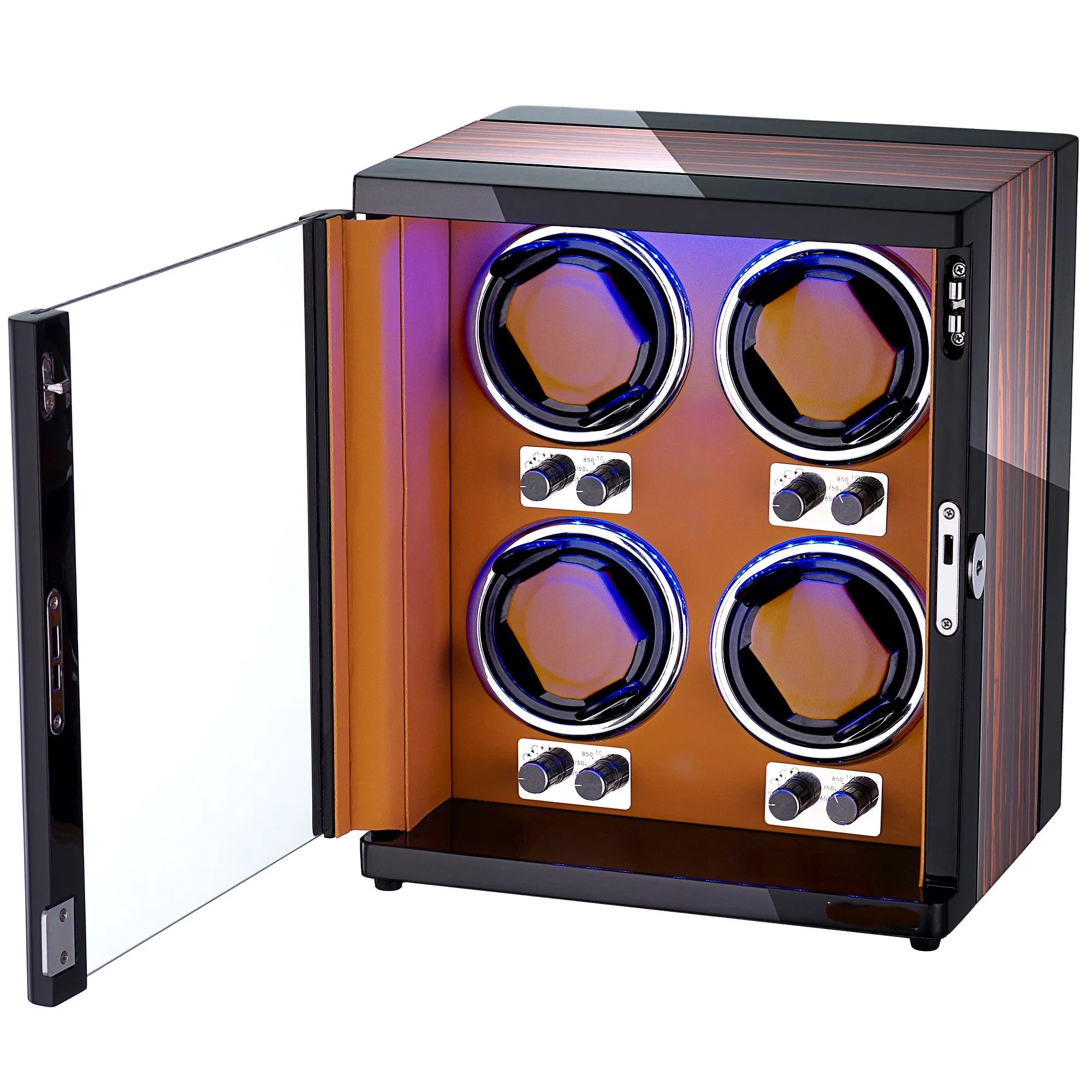 Caixa de Relógio Automática com Rotação para Armazenamento de Relógios em Madeira e Couro, Controle Móvel RGB por Atacado 4 Slots