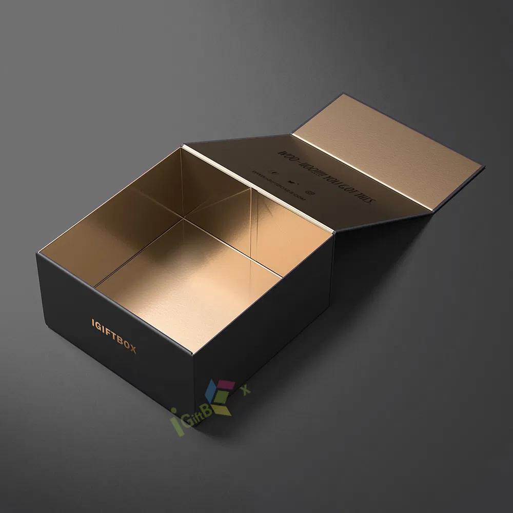 Caixa de presente de papelão rígido dobrável personalizada de luxo preta impressa, embalagem de perfume com fecho magnético