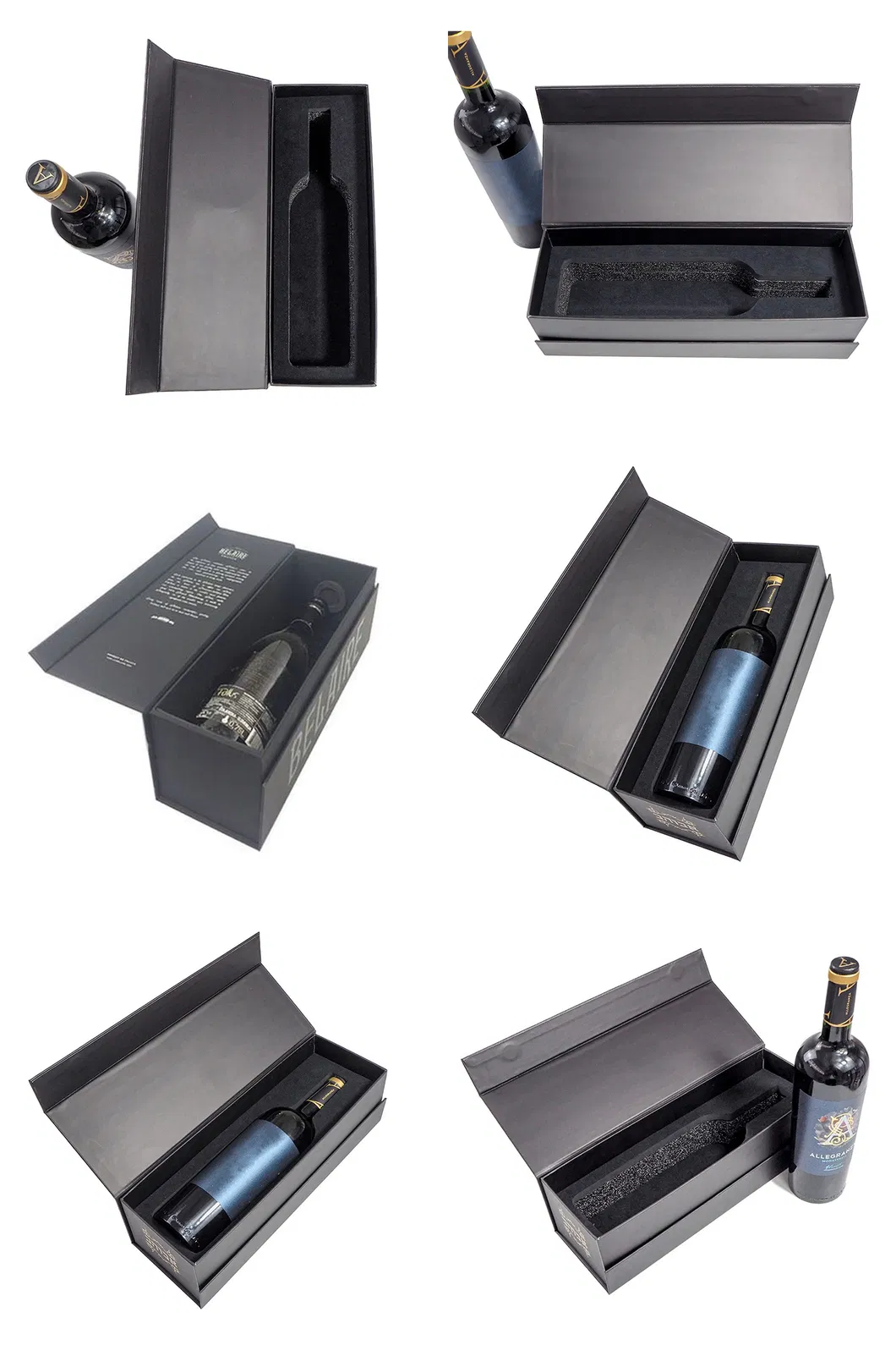 Caixa de presente para taça de vinho em papelão rígido preto, magnética, personalizada, para embalagem de uma única garrafa de champanhe