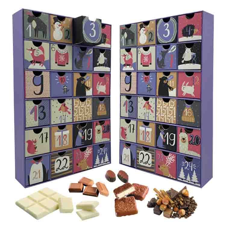 Caixas de presente de embalagem de calendário do advento de papelão cosmético de chocolate personalizado de luxo para o Natal