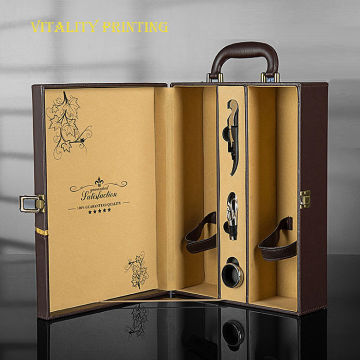 Caixa de Embalagem de Vinho de Luxo Personalizada Estilo Europeu Clássico Portátil em Couro PU Caixa de Presente de Madeira para Bebidas/Caixa de Couro à Vista/Pacote para Duas Garrafas
