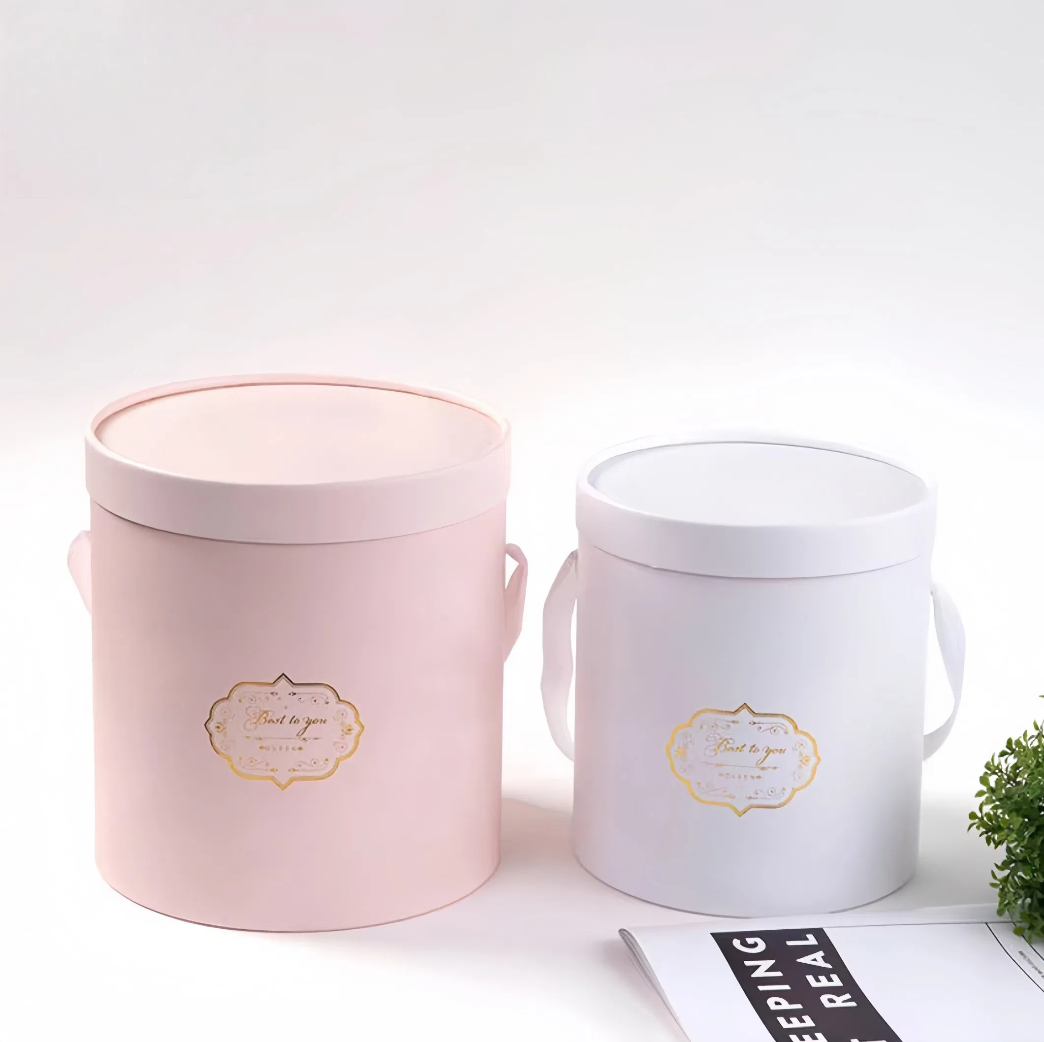 Caixa de Flores Cilíndrica Redonda de Papelão Branca Pura e Rosa Personalizada e Reciclável para Embalagem de Buquê e Caixa de Joias