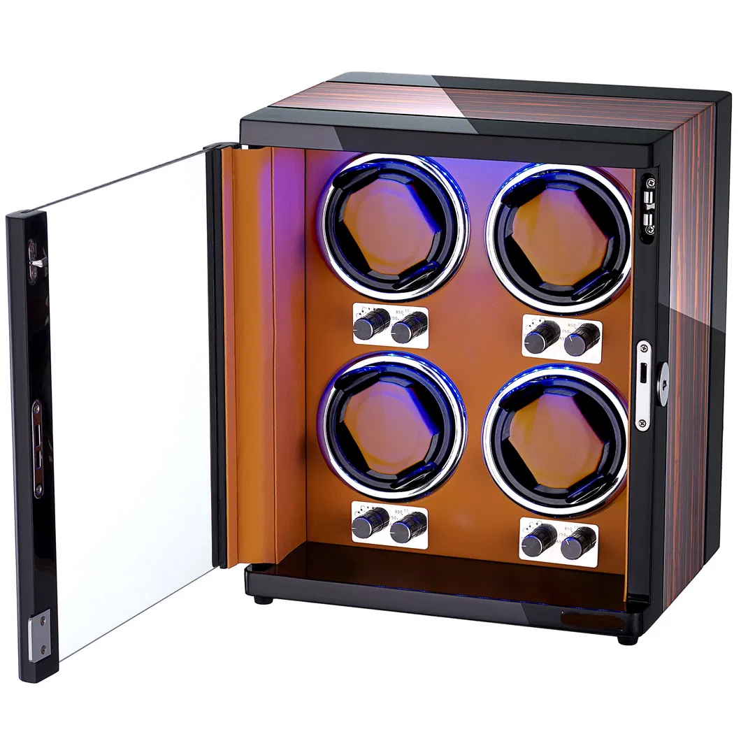 Caixa de Relógio Automática com Rotação para Armazenamento de Relógios em Madeira e Couro, Controle Móvel RGB por Atacado 4 Slots