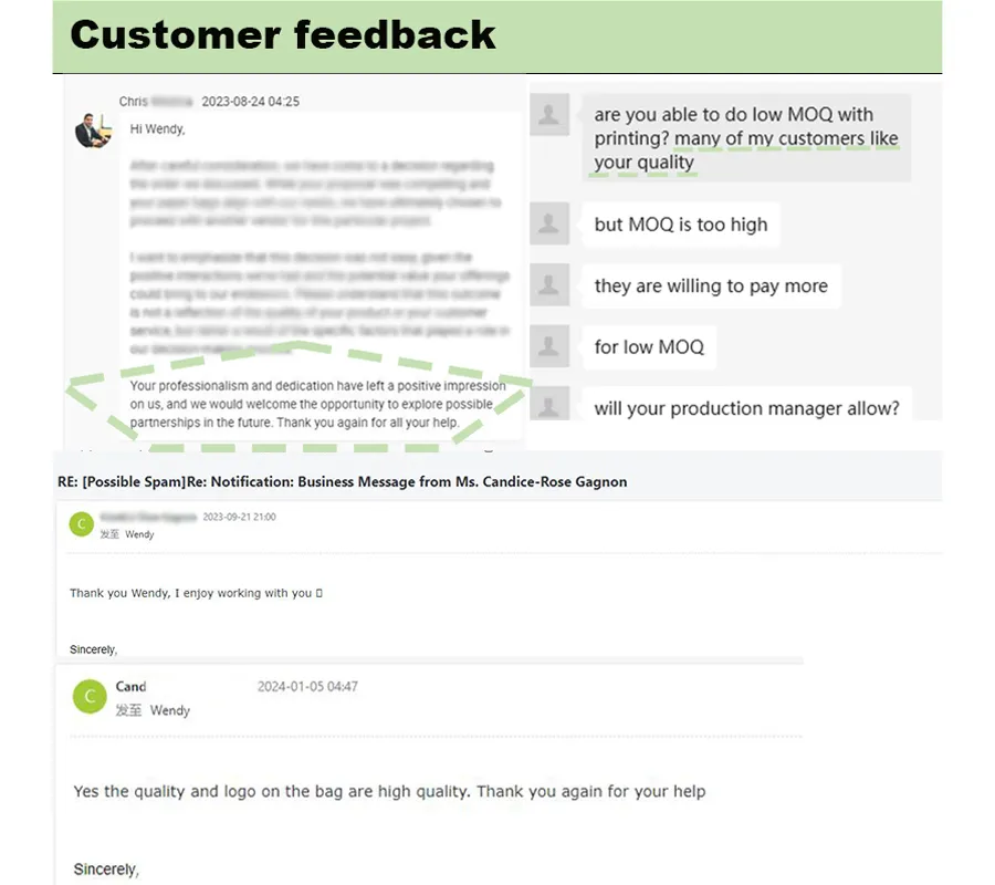 Feedback positivo dos clientes sobre o saco de papel
