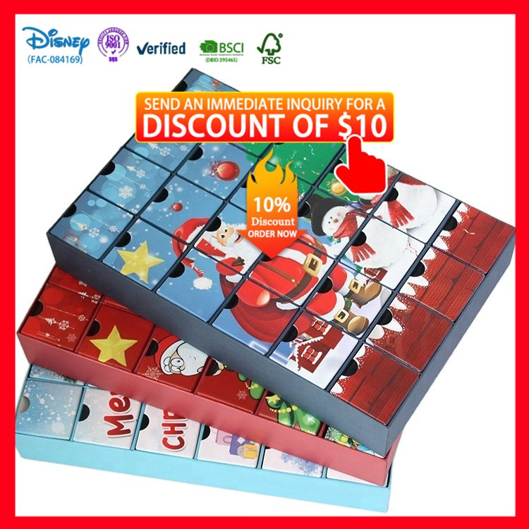 Caixas de presente de embalagem de calendário do advento de papelão cosmético de chocolate personalizado de luxo para o Natal