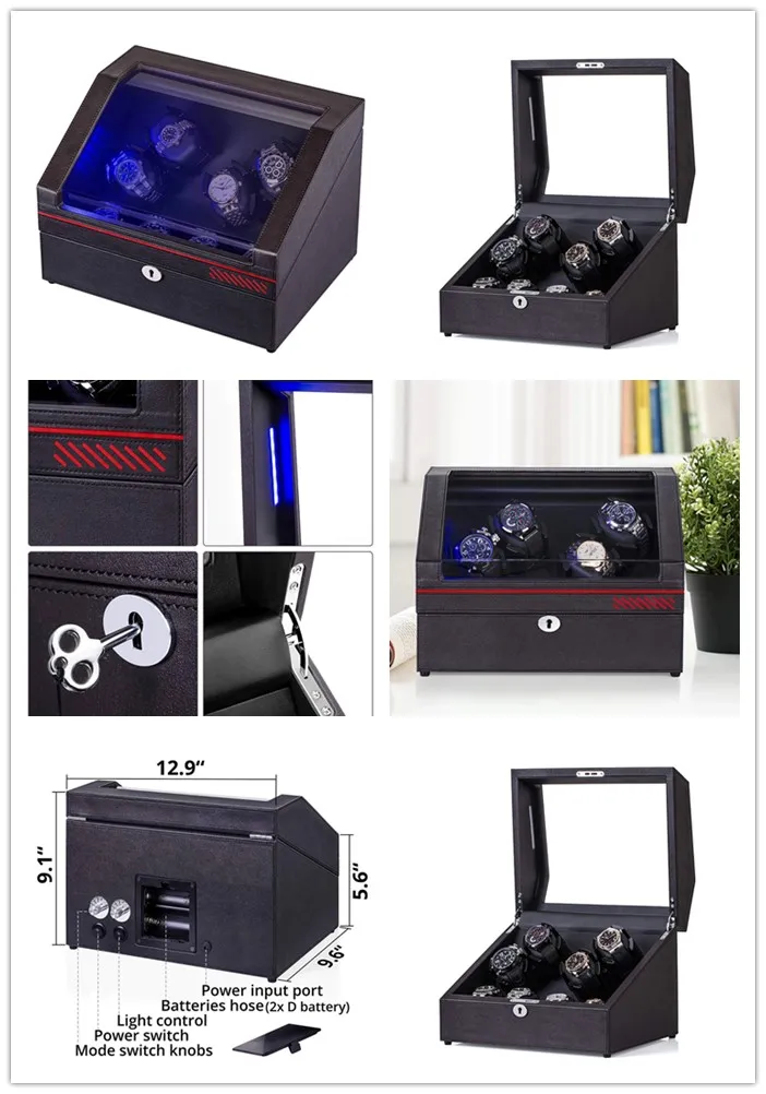 Caixa de Winder Automático de Couro Marrom com 4 Winding 4 Armazenamento