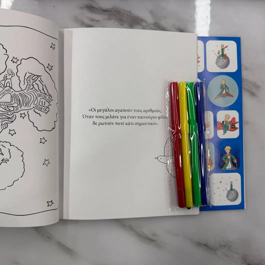 Quebra-cabeça infantil impresso em caixa de lata com canetas coloridas e adesivos
