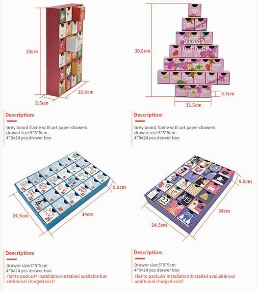 Caixas de presente de embalagem de calendário do advento de papelão cosmético de chocolate personalizado de luxo para o Natal