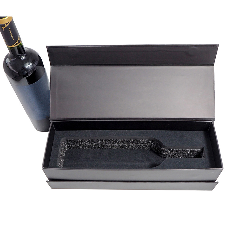 Caixa de presente para taça de vinho em papelão rígido preto, magnética, personalizada, para embalagem de uma única garrafa de champanhe