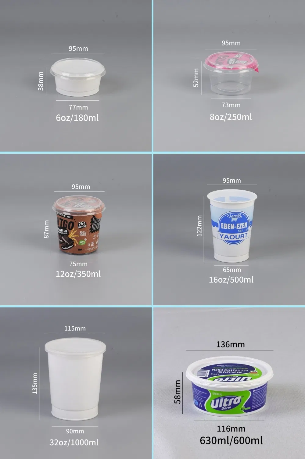 1000ml 1000g 32oz 34oz وعاء بلاستيكي أبيض من بولي بروبيلين لتغليف الزبادي لوجبات الطعام السريعة، المكسرات، سلطة الفواكه، الفشار الطازج