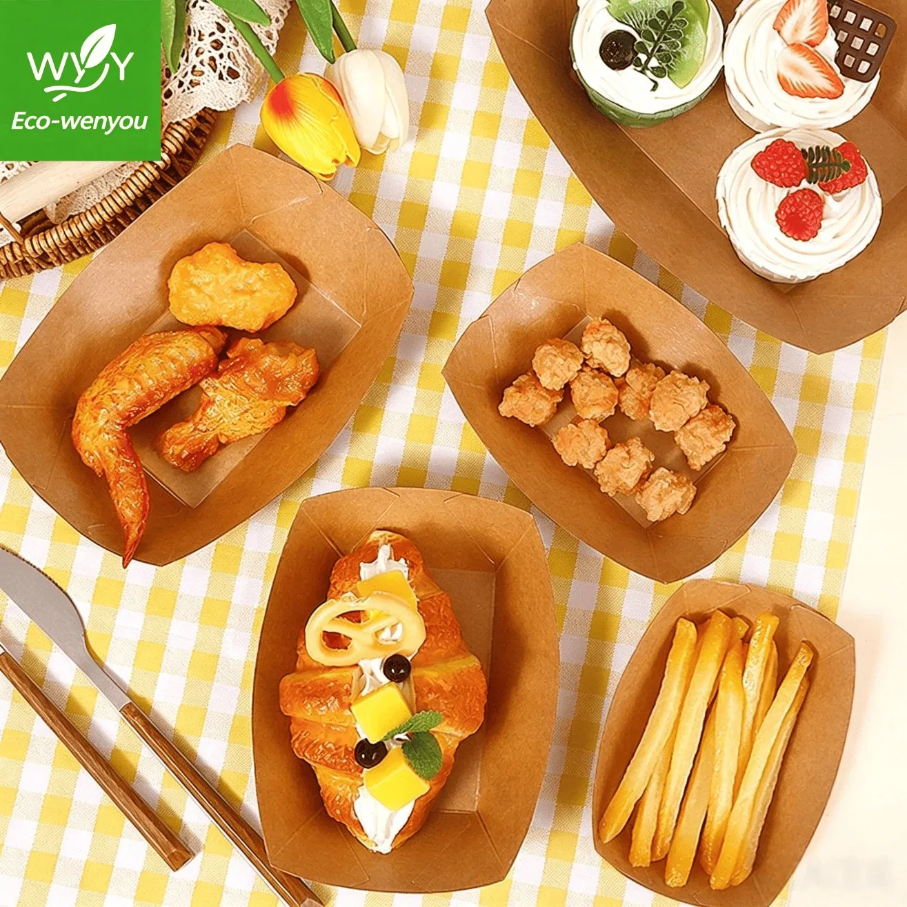 Leakproof Fast Food Packaging Food Container Boat-Shaped Kraft Box
