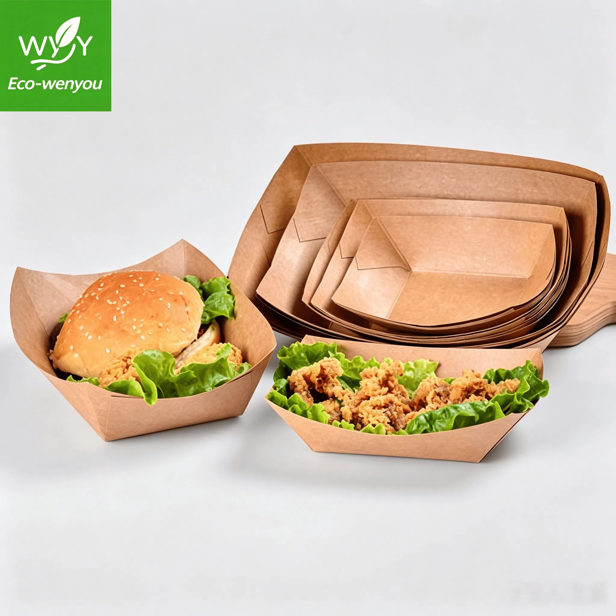 Leakproof Fast Food Packaging Food Container Boat-Shaped Kraft Box