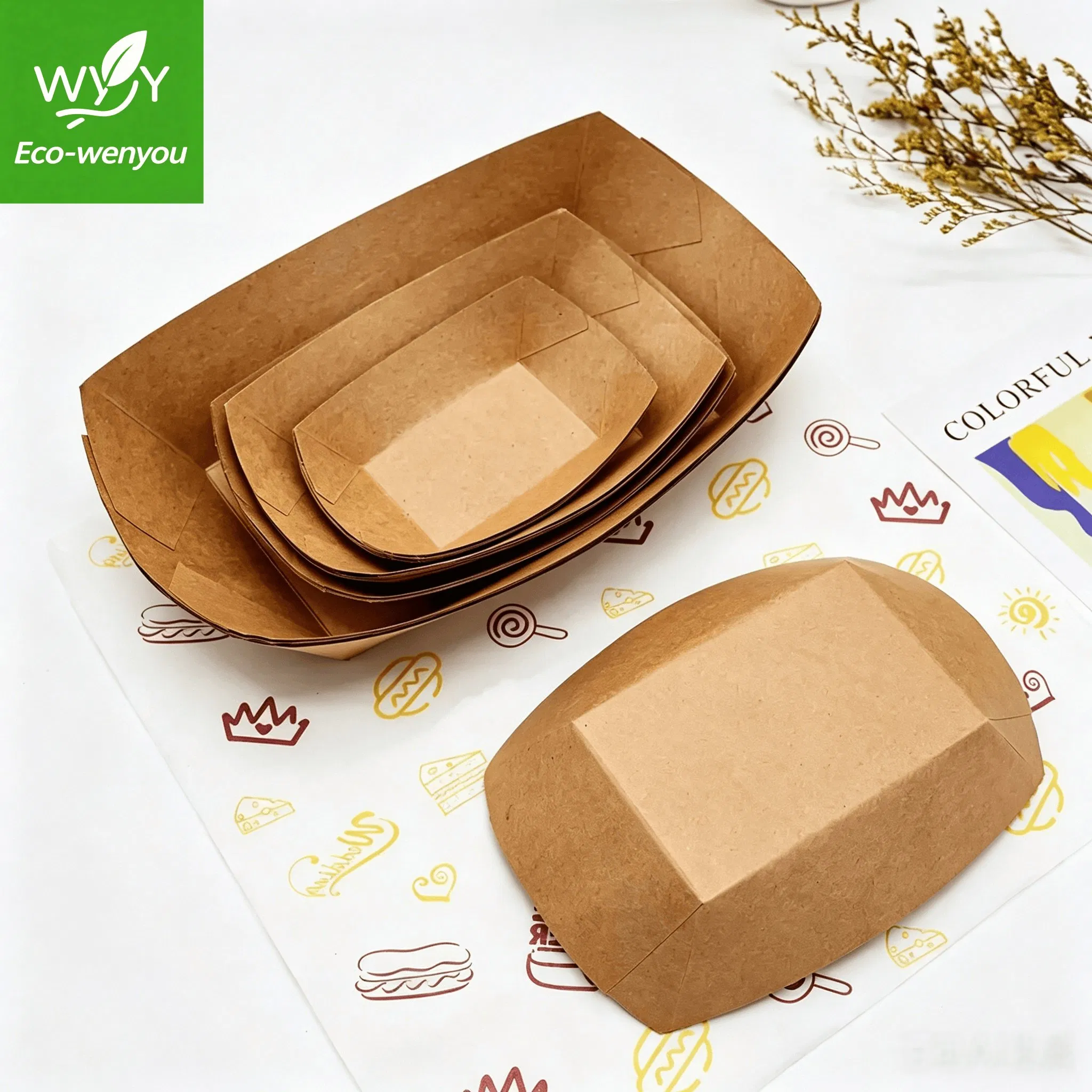 Leakproof Fast Food Packaging Food Container Boat-Shaped Kraft Box
