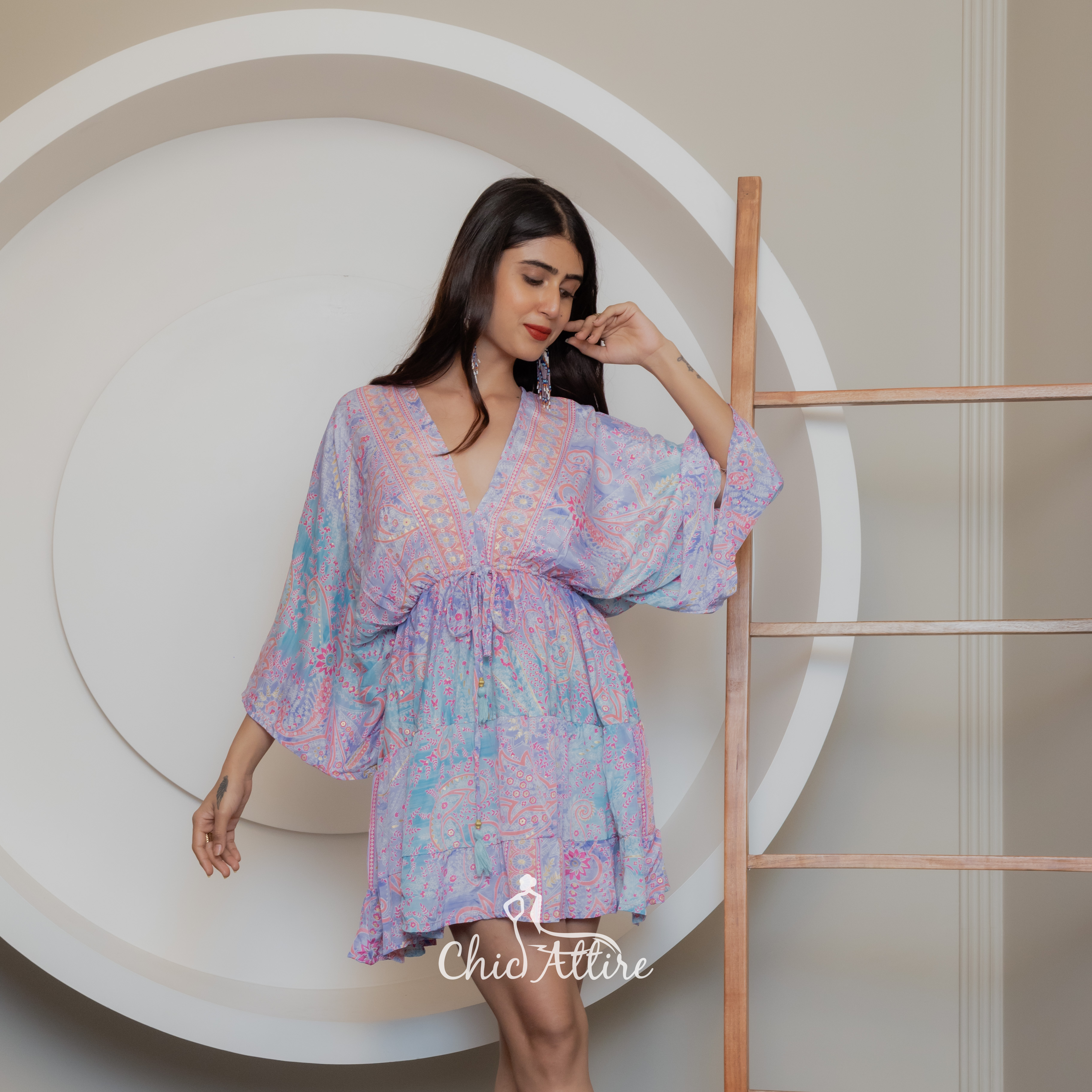 Summer Bohemian Mini Dress with Short Sleeves Rainbow Colored Pullover Viscose for Club &amp; Beach Wear Holiday Dress