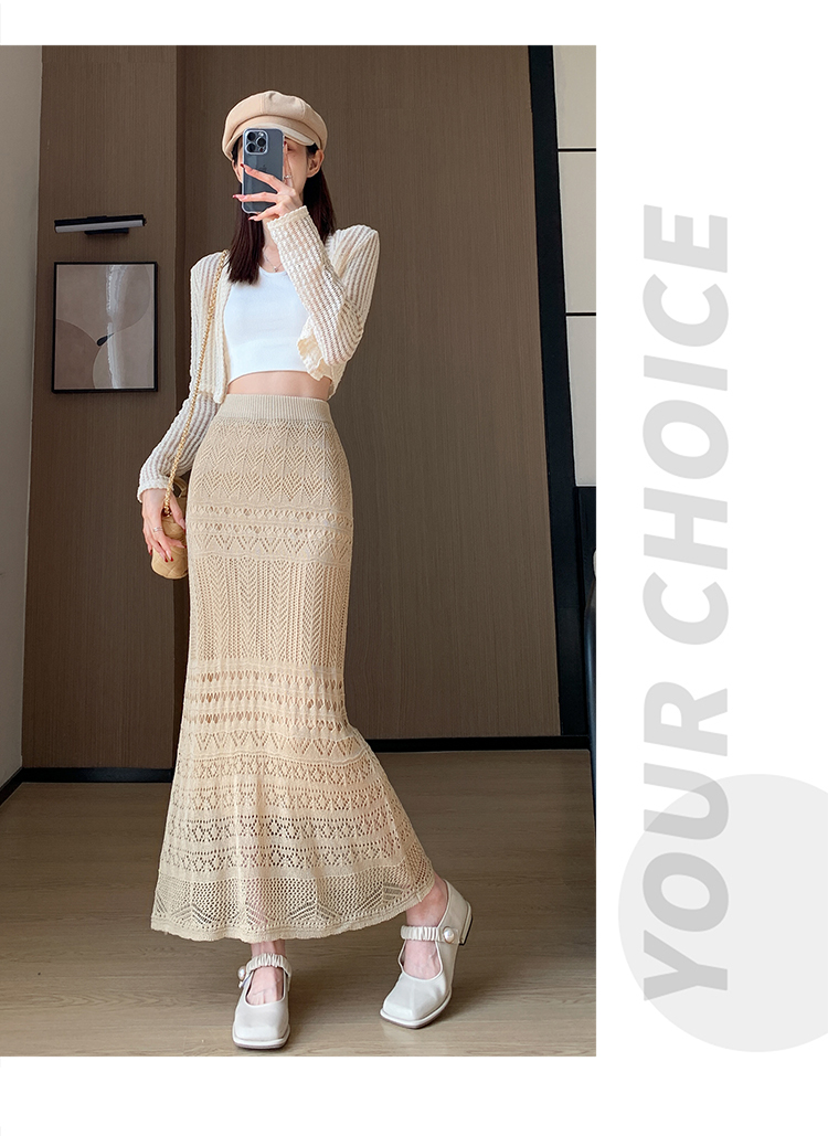 Women's Spring Summer A-Line Casual Breathable Natural Waist Midi Skirt Solid Lace Knitted Design Apricot Color Dushan