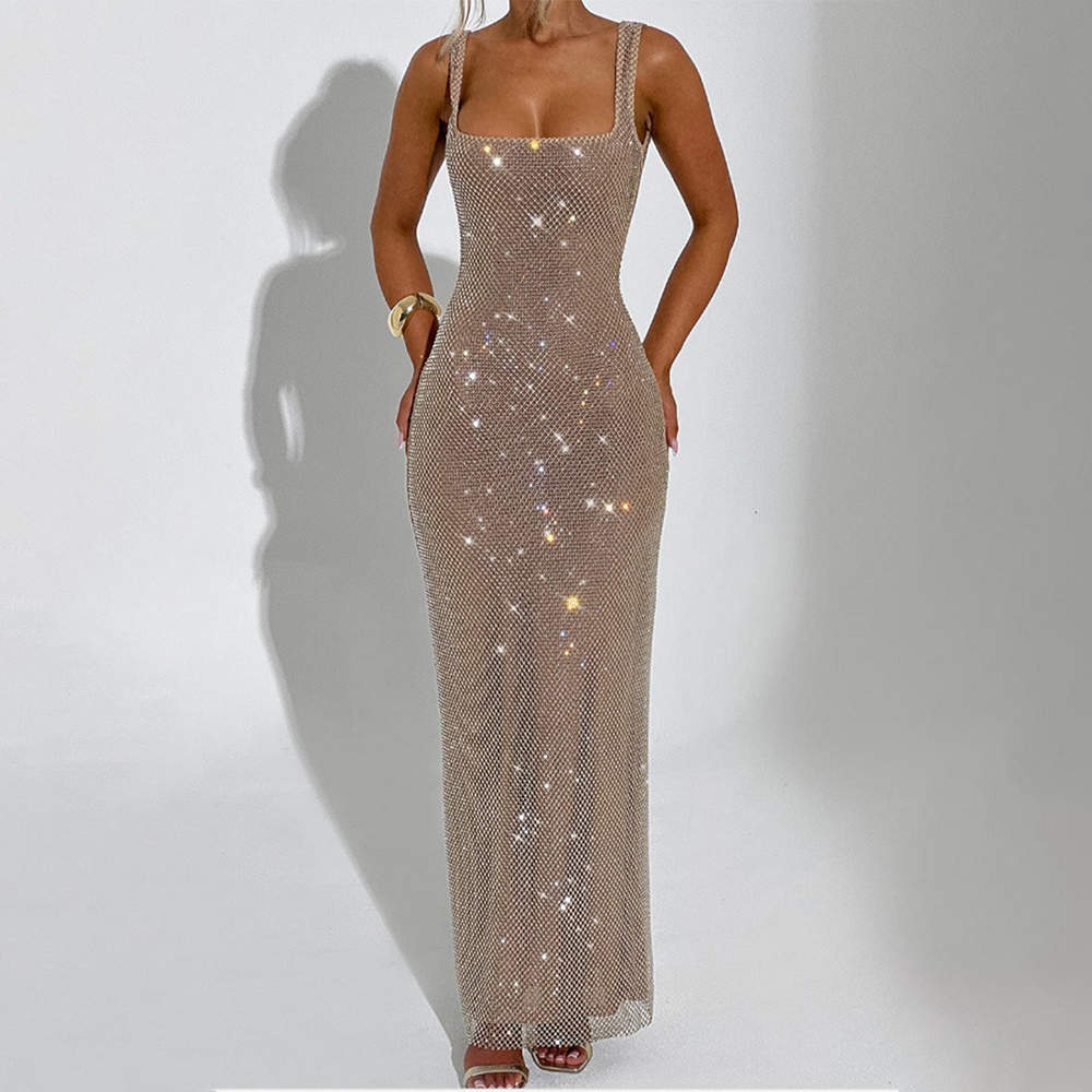OEM Custom Sexy Backless Bodycon Dress Rhinestone Formal Wear Shiny Sleeveless Club Party Gown Vestidos Elegant Evening Dress