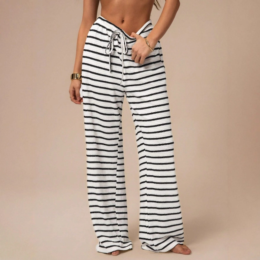 Wholesale Women's Slim Straight Leg Casual Trousers Fashion Color Contrast Horizontal Stripes Cross-Border Pants