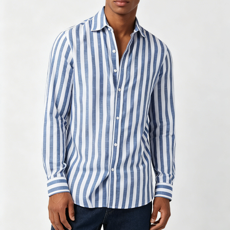 Custom New Men's Beaded Cotton Long Sleeve Striped Lapel Casual Shirt Blue Office Workwear Style Wear-resistant Moisture Wicking