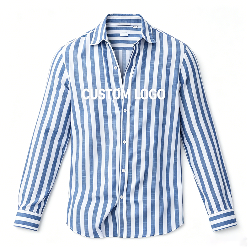 Custom New Men's Beaded Cotton Long Sleeve Striped Lapel Casual Shirt Blue Office Workwear Style Wear-resistant Moisture Wicking